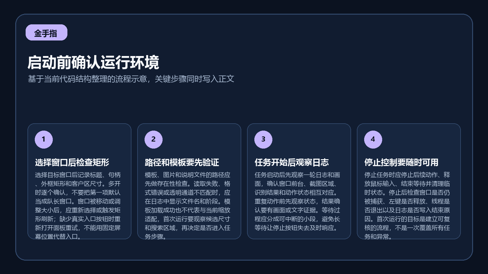 金手指首次运行从配置检查到窗口选择和停止控制的清单图