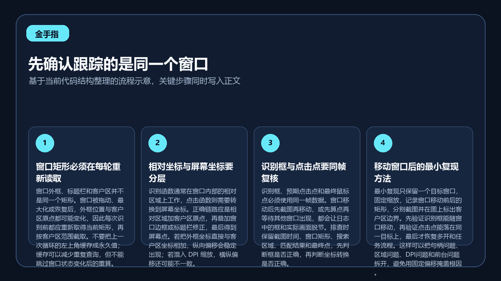 游戏窗口移动后从句柄到相对坐标再到点击复核的流程图